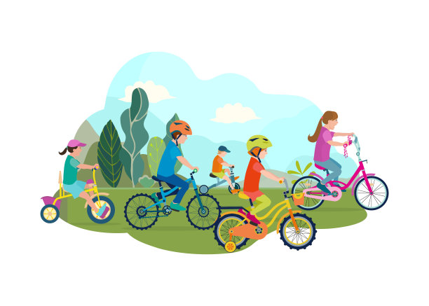 一组扁平的快乐的孩子骑自行车在公园的道路上有花和树叶。孩子们骑着五颜六色的自行车在夏日的自然景观中通过绿色小路进行户外运动。矢量插图。图片 一组扁平的快乐的孩子骑自行车在公园的道路上有花和树叶。孩子们骑着五颜六色的自行车在夏日的自然景观中通过绿色小路进行户外运动。矢量插图。图片下载