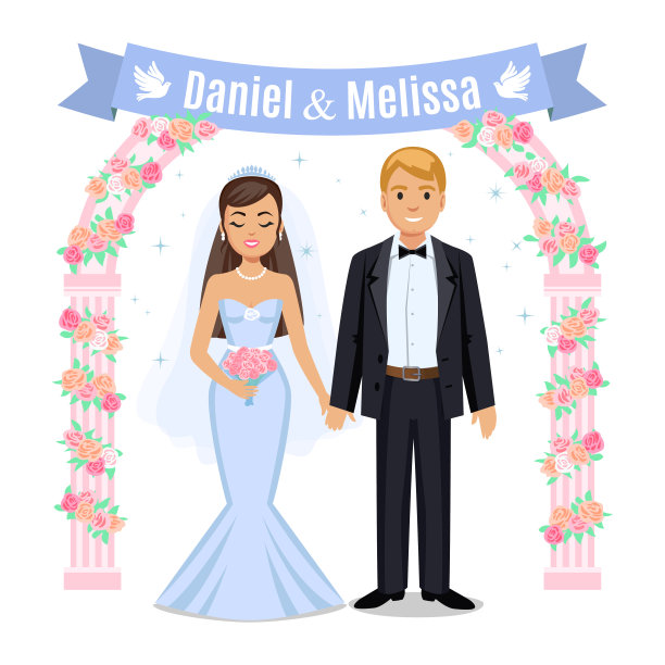 快乐的婚礼的夫妇。新婚夫妇和花架。新娘和新郎在他们的婚礼上。婚礼夫妇矢量插图孤立在白色背景。可爱的卡通情侣。图片 快乐的婚礼的夫妇。新婚夫妇和花架。新娘和新郎在他们的婚礼上。婚礼夫妇矢量插图孤立在白色背景。可爱的卡通情侣。图片下载