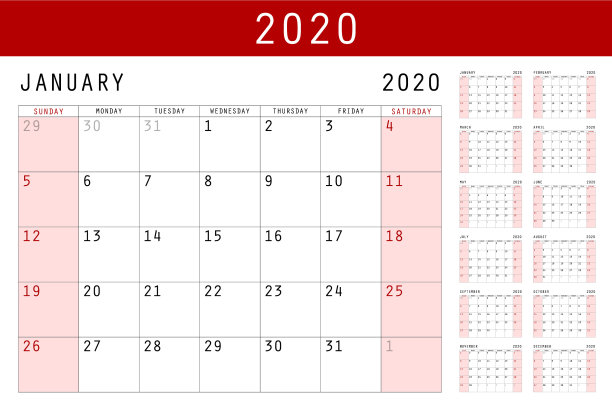 红色日历2020基本网格设计简单图片 红色日历2020基本网格设计简单图片下载