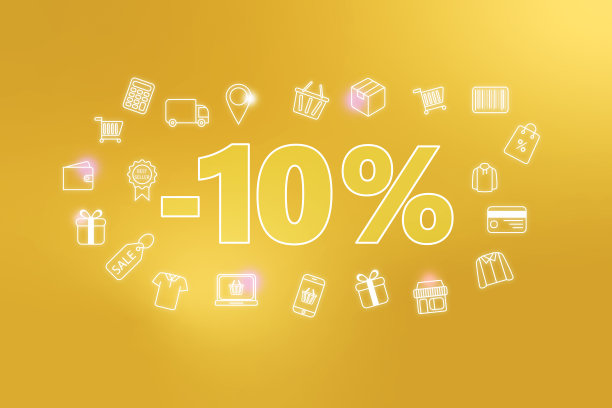 彩色霓虹灯发光- 10%的折扣标签挂在金色的背景。各种购物图标。图片 彩色霓虹灯发光- 10%的折扣标签挂在金色的背景。各种购物图标。图片下载