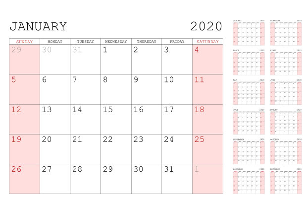 红色日历2020基本网格设计简单图片 红色日历2020基本网格设计简单图片下载