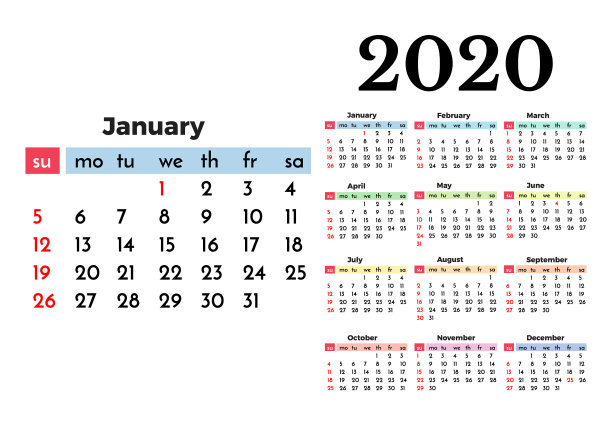 白色背景上的2020年日历图片 白色背景上的2020年日历图片下载