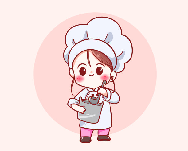 可爱的厨师女孩穿着制服,手握火锅餐厅标志卡通艺术插图图片 可爱的厨师女孩穿着制服,手握火锅餐厅标志卡通艺术插图图片下载