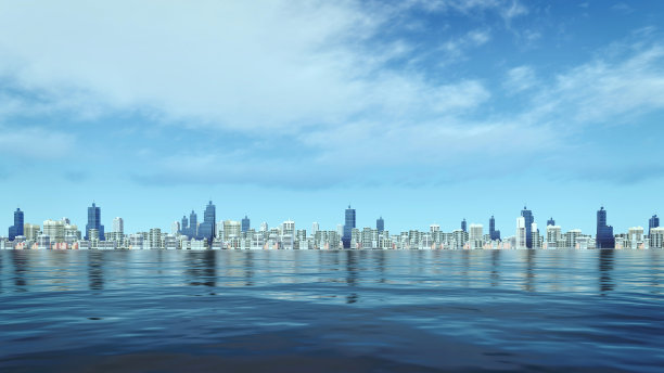 抽象的海滨城市摩天大楼在多云的天空下图片 抽象的海滨城市摩天大楼在多云的天空下图片下载