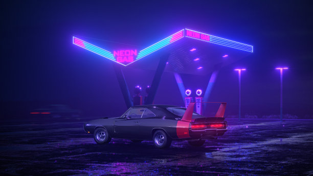 霓虹灯加油站和复古汽车。复古朋克汽车。雾,雨,夜。颜色充满活力的反射在沥青上。3 d演示。图片 霓虹灯加油站和复古汽车。复古朋克汽车。雾,雨,夜。颜色充满活力的反射在沥青上。3 d演示。图片下载