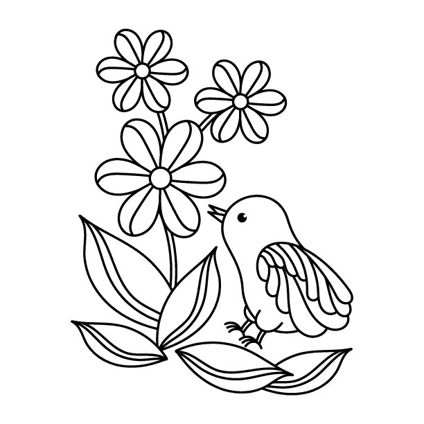 小鸡和花。儿童涂色书。黑白轮廓插图。图片 小鸡和花。儿童涂色书。黑白轮廓插图。图片下载
