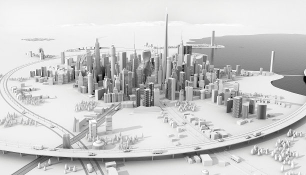 美丽的现代城市全景,摩天大楼和湖上的长桥。3 d渲染图图片 美丽的现代城市全景,摩天大楼和湖上的长桥。3 d渲染图图片下载