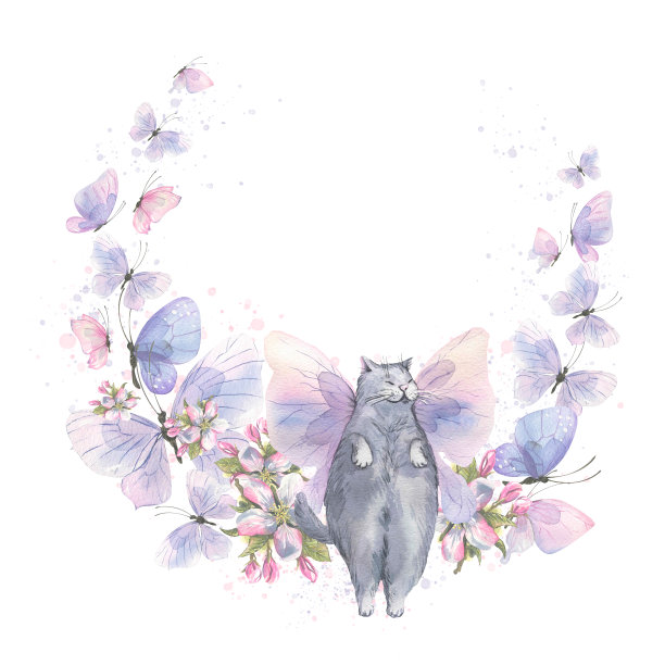一个由蝴蝶和苹果花做成的画框,里面有一只灰色的猫。柔和、轻盈、甜美的构图。用于装饰水彩插图、设计、装饰纪念品、明信片、海报贴纸图片 一个由蝴蝶和苹果花做成的画框,里面有一只灰色的猫。柔和、轻盈、甜美的构图。用于装饰水彩插图、设计、装饰纪念品、明信片、海报贴纸图片下载