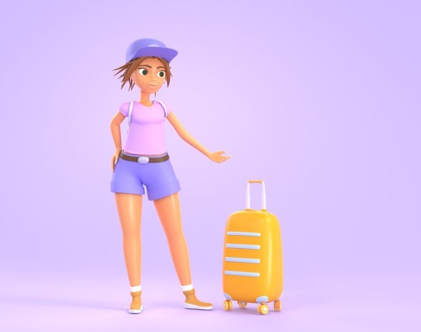 女孩游客与黄色手提箱,3d渲染。年轻女子带着行李度假旅行的卡通插图,孤立在紫色背景上。夏天旅游的概念图片 女孩游客与黄色手提箱,3d渲染。年轻女子带着行李度假旅行的卡通插图,孤立在紫色背景上。夏天旅游的概念图片下载