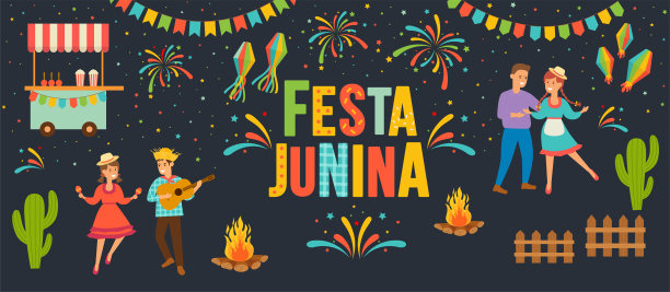 拉丁美洲节日Festa Junina传统的巴西标志旗子和纸灯笼,玉米,吉他,篝火,有趣的跳舞的人,节日烟花。图片 拉丁美洲节日Festa Junina传统的巴西标志旗子和纸灯笼,玉米,吉他,篝火,有趣的跳舞的人,节日烟花。图片下载