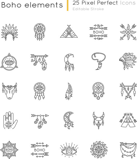 波西米亚风格的像素完美的线性图标设置本机图片 波西米亚风格的像素完美的线性图标设置本机图片下载