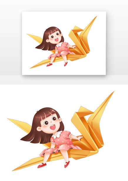 卡通儿童坐在千纸鹤上可爱女孩图片 卡通儿童坐在千纸鹤上可爱女孩图片下载