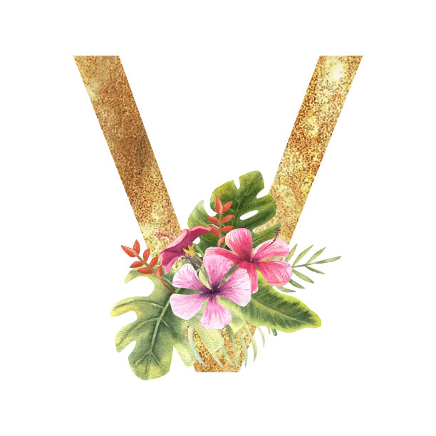 金色的字母V的英文字母表与一个水彩花束的热带树叶和鲜花。手绘矢量图图片 金色的字母V的英文字母表与一个水彩花束的热带树叶和鲜花。手绘矢量图图片下载