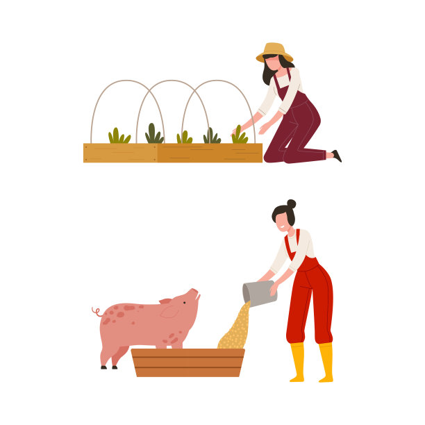 草帽农妇在园床矢量插图上喂猪和种植作物图片 草帽农妇在园床矢量插图上喂猪和种植作物图片下载