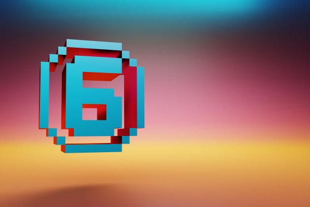 像素数量6。美丽的蓝色六个图标符号在多色明亮的背景。3 d渲染插图。用于设计的背景图案。图片 像素数量6。美丽的蓝色六个图标符号在多色明亮的背景。3 d渲染插图。用于设计的背景图案。图片下载