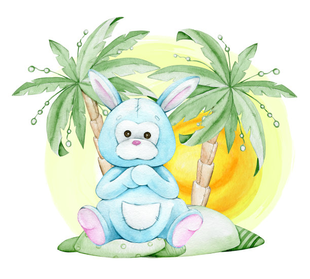 可爱的袋鼠,棕榈树,阳光,卡通风格。水彩剪贴画,在一个孤立的背景。图片 可爱的袋鼠,棕榈树,阳光,卡通风格。水彩剪贴画,在一个孤立的背景。图片下载