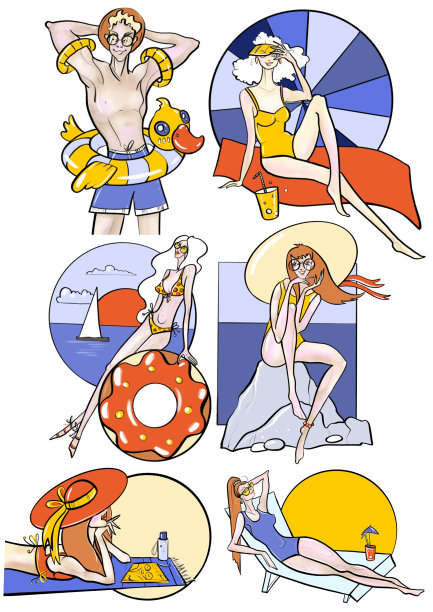套装插画包人物卡通时尚风格的主题,假日海滨度假妇女日光浴游泳属性鲜艳的色彩卡图片 套装插画包人物卡通时尚风格的主题,假日海滨度假妇女日光浴游泳属性鲜艳的色彩卡图片下载