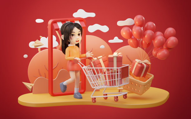 小女孩购物主题,具有卡通风格,3d渲染。图片 小女孩购物主题,具有卡通风格,3d渲染。图片下载