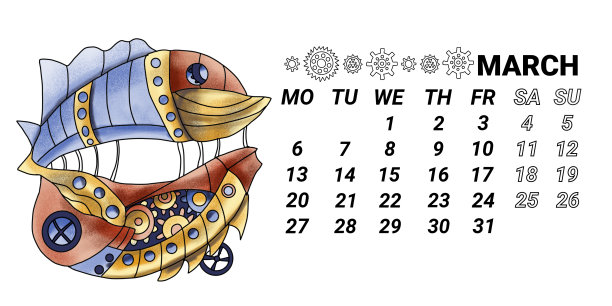 横历的一页为2023年3月。双鱼座星座蒸汽朋克风格是手绘水彩画。2023年的日历有奇妙的星座图片 横历的一页为2023年3月。双鱼座星座蒸汽朋克风格是手绘水彩画。2023年的日历有奇妙的星座图片下载