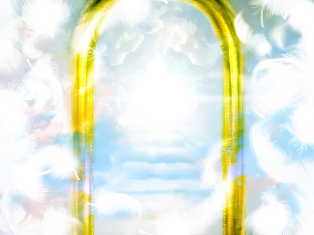神秘的插图,一个云楼梯通向一个神秘的门,神圣的光从天空闪耀,白色的天使翅膀跳舞图片 神秘的插图,一个云楼梯通向一个神秘的门,神圣的光从天空闪耀,白色的天使翅膀跳舞图片下载