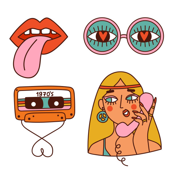 一套复古70年代的groovy元素。嬉皮士的收藏。矢量图图片 一套复古70年代的groovy元素。嬉皮士的收藏。矢量图图片下载