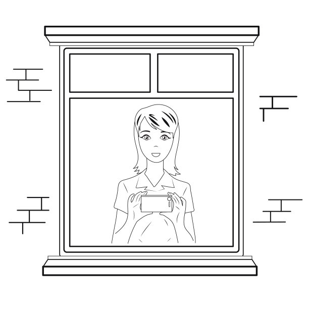 女孩看着窗外。黑白线条。图片 女孩看着窗外。黑白线条。图片下载