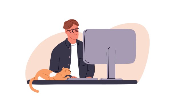 人在电脑前,猫躺在桌子上。男人自由职业者和可爱的小猫在家庭办公室。宠物主人和猫科动物的远程工作。平面图形矢量插图孤立在白色背景图片 人在电脑前,猫躺在桌子上。男人自由职业者和可爱的小猫在家庭办公室。宠物主人和猫科动物的远程工作。平面图形矢量插图孤立在白色背景图片下载