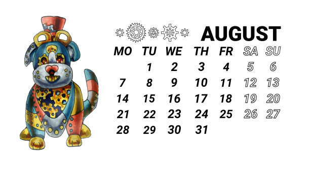 2023年的横历上是8月。蒸汽朋克风格的机器狗是手绘水彩画。精彩的2023年东方动物日历图片 2023年的横历上是8月。蒸汽朋克风格的机器狗是手绘水彩画。精彩的2023年东方动物日历图片下载