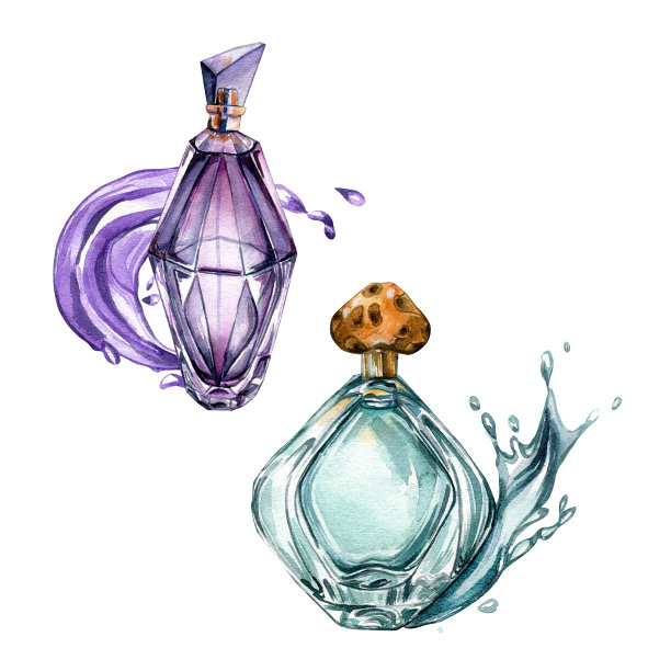 套装香水瓶与水花水彩插图隔离图片 套装香水瓶与水花水彩插图隔离图片下载