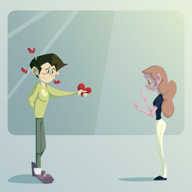 蓝色背景上一对男女的插图,男人伸出手给他的伴侣一颗心,而心从两边伸出图片 蓝色背景上一对男女的插图,男人伸出手给他的伴侣一颗心,而心从两边伸出图片下载