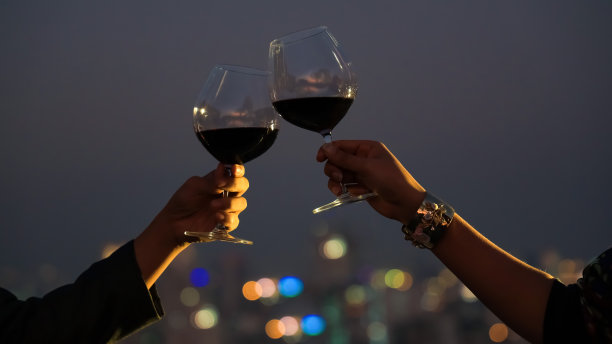 这对夫妇手拿酒杯,在日落的城市景观背景下,在屋顶上享用浪漫的晚餐图片 这对夫妇手拿酒杯,在日落的城市景观背景下,在屋顶上享用浪漫的晚餐图片下载