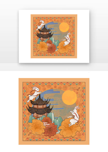 橙色复古木刻质感敦煌中秋场景元素图片 橙色复古木刻质感敦煌中秋场景元素图片下载