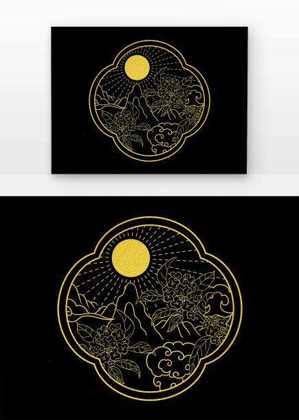 云朵桂花中秋月亮烫金线描图案元素图片 云朵桂花中秋月亮烫金线描图案元素图片下载