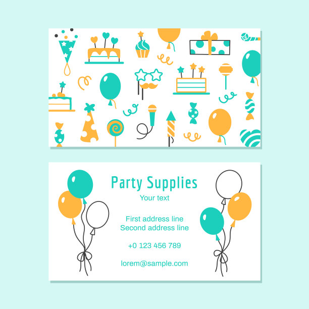 Party Supplies名片模板。活动服务平线拜访卡设计。色彩鲜艳的庆祝元素为生日派对嘉年华节日。有趣的蛋糕气球纸杯蛋糕矢量插图。图片 Party Supplies名片模板。活动服务平线拜访卡设计。色彩鲜艳的庆祝元素为生日派对嘉年华节日。有趣的蛋糕气球纸杯蛋糕矢量插图。图片下载