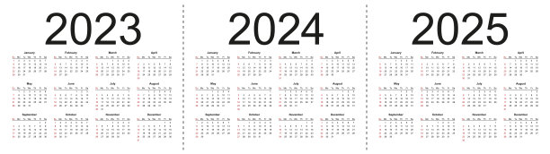 简单的2023年2024年2025年的可编辑矢量日历。一周从周日开始。图片 简单的2023年2024年2025年的可编辑矢量日历。一周从周日开始。图片下载
