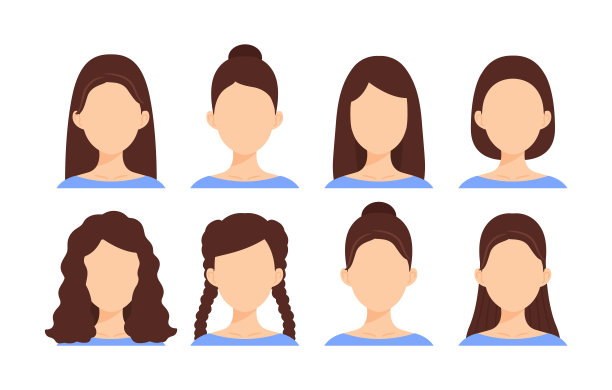 不知名的女性面孔。集。黑发女人空白空白的面孔与美丽的发型。白种人的皮肤。棕色的头发。前视图。模板。彩色卡通风格。白色背景。矢量插图。图片 不知名的女性面孔。集。黑发女人空白空白的面孔与美丽的发型。白种人的皮肤。棕色的头发。前视图。模板。彩色卡通风格。白色背景。矢量插图。图片下载