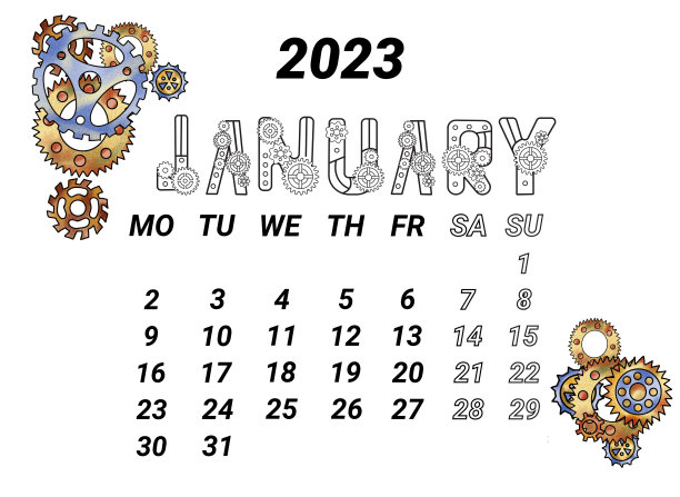 2023年1月日历页,蒸汽朋克风格的水彩齿轮装饰图片 2023年1月日历页,蒸汽朋克风格的水彩齿轮装饰图片下载