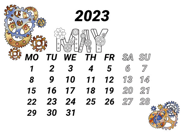 2023年5月的日历页,以蒸汽朋克风格的水彩齿轮装饰图片 2023年5月的日历页,以蒸汽朋克风格的水彩齿轮装饰图片下载