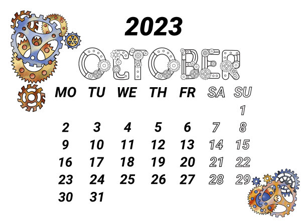 2023年10月的日历页,以蒸汽朋克风格的水彩齿轮装饰图片 2023年10月的日历页,以蒸汽朋克风格的水彩齿轮装饰图片下载