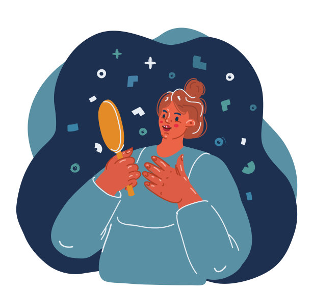 卡通矢量插图的女人看她的镜子反射在黑暗的背景图片 卡通矢量插图的女人看她的镜子反射在黑暗的背景图片下载