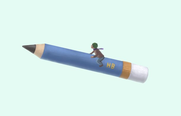 一个男孩骑着一支大铅笔在天空中。教育和梦想。概念艺术图片 一个男孩骑着一支大铅笔在天空中。教育和梦想。概念艺术图片下载