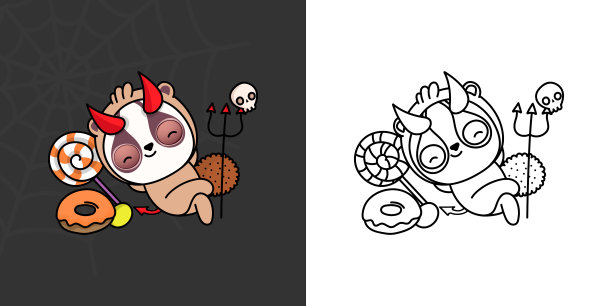 卡哇伊剪纸万圣节慢懒猴插画和着色页。有趣的卡哇伊万圣节动物。可爱的矢量插图卡哇伊万圣节动物在魔鬼服装。图片 卡哇伊剪纸万圣节慢懒猴插画和着色页。有趣的卡哇伊万圣节动物。可爱的矢量插图卡哇伊万圣节动物在魔鬼服装。图片下载