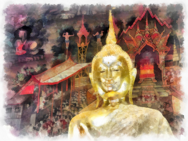 卧龙寺泰国古建筑在曼谷水彩风格插图印象派绘画。图片 卧龙寺泰国古建筑在曼谷水彩风格插图印象派绘画。图片下载
