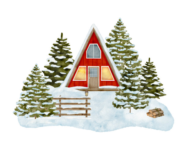 水彩红木木屋冬季森林插画。手绘的现代三角形小屋,雪白的冷杉树孤立在白色背景上。温馨的圣诞乡村。房子在林地。图片 水彩红木木屋冬季森林插画。手绘的现代三角形小屋,雪白的冷杉树孤立在白色背景上。温馨的圣诞乡村。房子在林地。图片下载