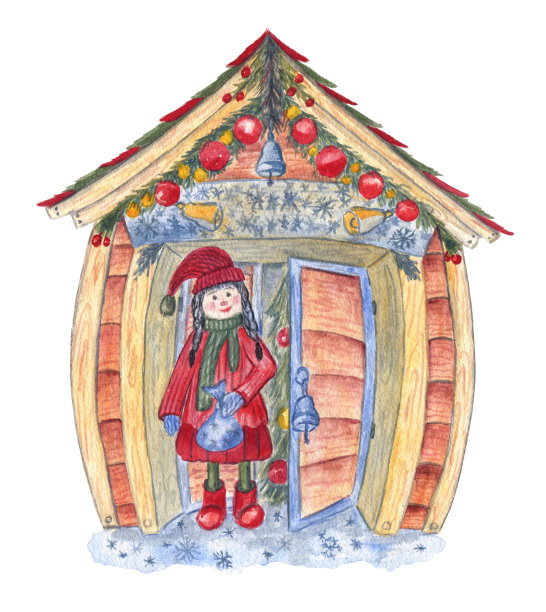 木屋装饰为圣诞节和精灵女孩与礼品袋,水彩画插图图片 木屋装饰为圣诞节和精灵女孩与礼品袋,水彩画插图图片下载