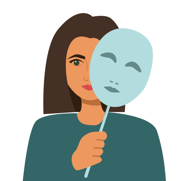 一个女人手里拿着一个面具。隐藏情绪,虚张声势,精疲力竭的概念。矢量图图片 一个女人手里拿着一个面具。隐藏情绪,虚张声势,精疲力竭的概念。矢量图图片下载