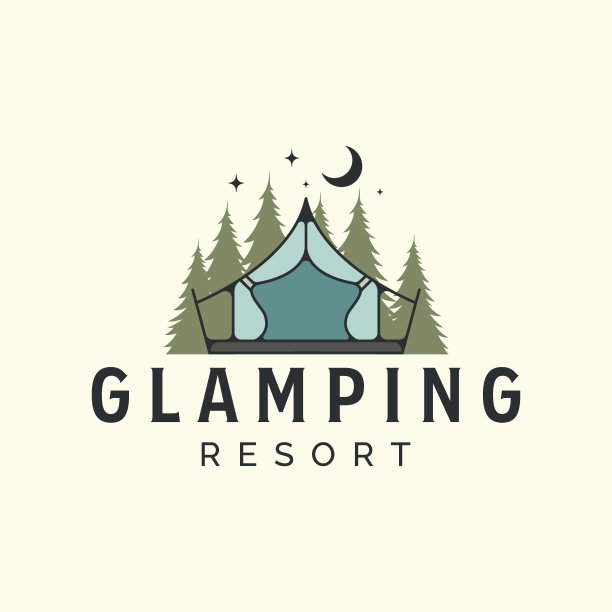Glamping in night with vintage矢量标志模板插画设计,露营,帐篷标志概念图片 Glamping in night with vintage矢量标志模板插画设计,露营,帐篷标志概念图片下载