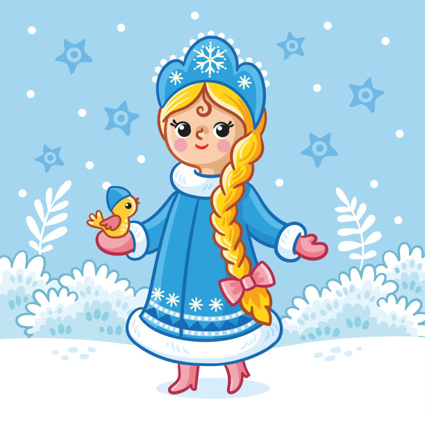 矢量插图与雪少女和一只鸟在雪中。卡通风格的圣诞卡图片 矢量插图与雪少女和一只鸟在雪中。卡通风格的圣诞卡图片下载