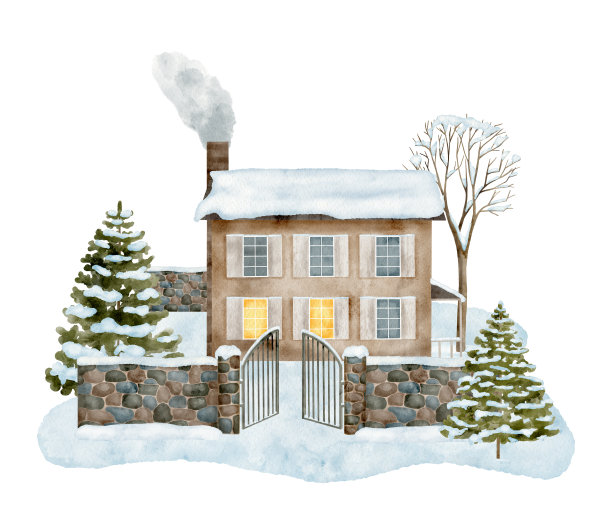 水彩冬季住宅插画。手绘可爱的小屋,窗户里有光,烟囱烟,雪堆,石头栅栏,白色背景上孤立的雪杉树。圣诞节农村场景。图片 水彩冬季住宅插画。手绘可爱的小屋,窗户里有光,烟囱烟,雪堆,石头栅栏,白色背景上孤立的雪杉树。圣诞节农村场景。图片下载