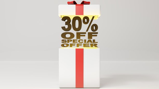 打开礼盒的3d渲染,黄色的灯从里面出来,盖子和盒子之间的黑色3d字母说“30%的优惠”,白色背景和空白的文字。图片 打开礼盒的3d渲染,黄色的灯从里面出来,盖子和盒子之间的黑色3d字母说“30%的优惠”,白色背景和空白的文字。图片下载